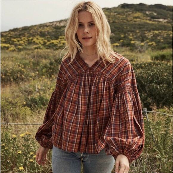 DOEN Thistle Blouse in Blue Autumn Plaid Print Boho M - Picture 1 of 12